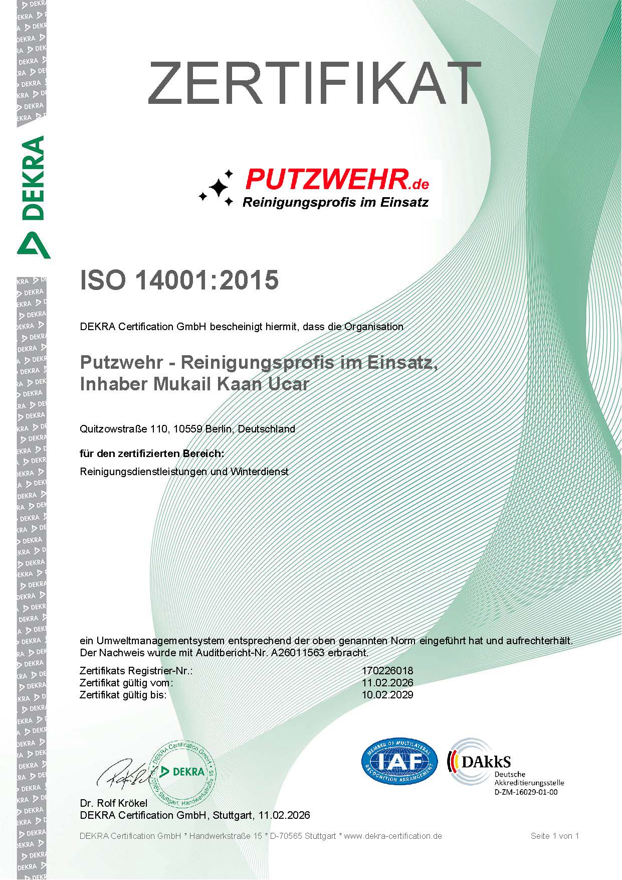 DIN EN ISO 14001:2015 Zertifikat Umweltmanagement Putzwehr GmbH